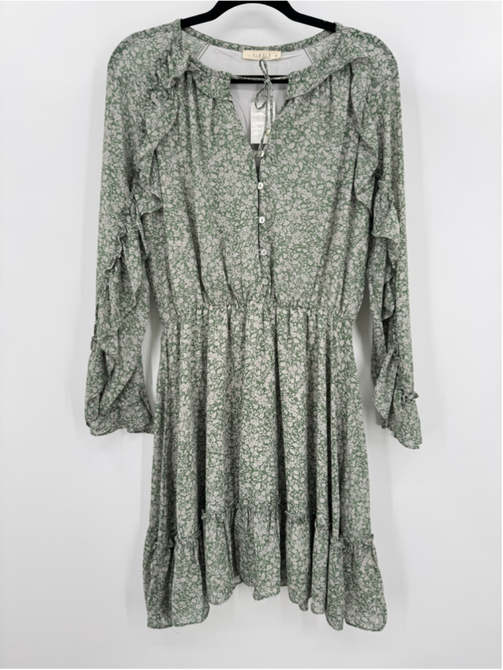 Green Cream Floral Midi Dress Cottagecore Ruffle Sheer Prairie Fairy Boho Large